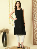 Thumbnail for Myshka Women's Black Georgette Sleeveless Straight Party Kurta - Distacart