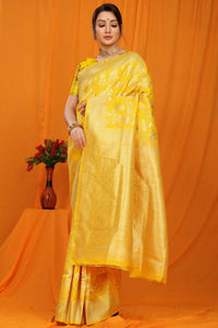 Thumbnail for Aastha Fashion Yellow Woven Banarasi Silk Saree with Blouse - Distacart