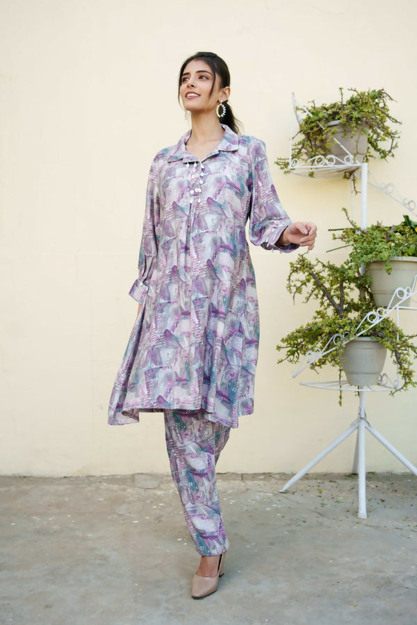 Vaasva Women Lavender Muslin Printed Shirt & Pant Set - Distacart
