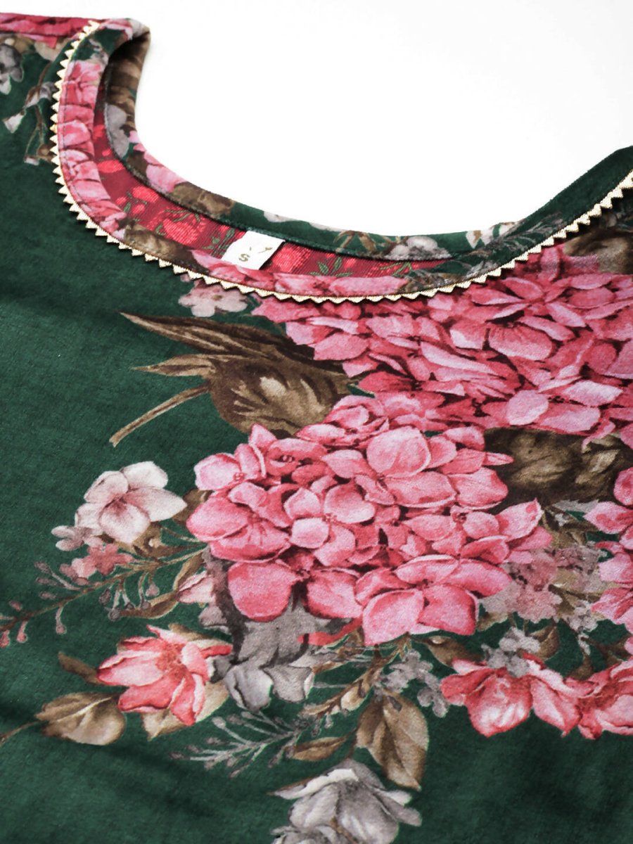 Ahalyaa Women Floral Printed Velvet Tunic with Palazzos - Green Color - Distacart
