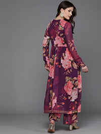 Thumbnail for Ahalyaa Women Floral Printed Angrakha Kurta with Palazzos - Burgundy Color - Distacart