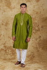 Thumbnail for Bluesaanchi Men's Sunshine Handwoven Embroidered Apple Green Kurta Set - Distacart