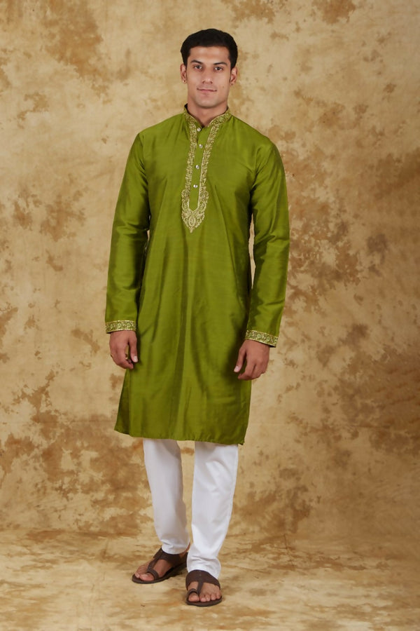 Bluesaanchi Men's Sunshine Handwoven Embroidered Apple Green Kurta Set - Distacart