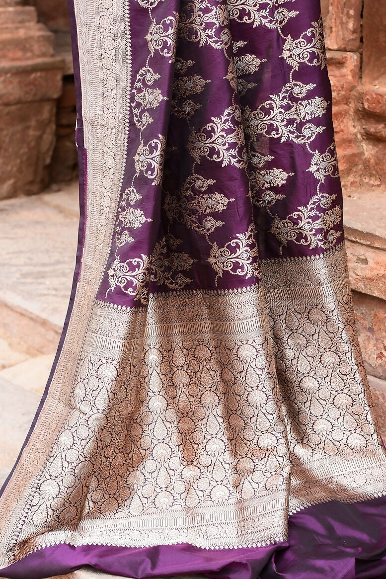 Joban Fashion Purple Pure Katan Pure Handloom Banarasi Silk Saree