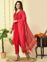 Thumbnail for Myshka Women's Pink Velvet Kurta & Trousers With Dupatta Party Sets - Distacart
