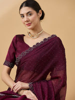 Thumbnail for Purple Organza Swaroski Diamond Work Saree with Unstitched Blouse - Radha - Distacart