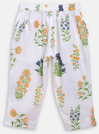Thumbnail for Ahalyaa White Cotton Straight Floral Printed Kids Kurta Pant Sets With Dupatta For Girls - Distacart