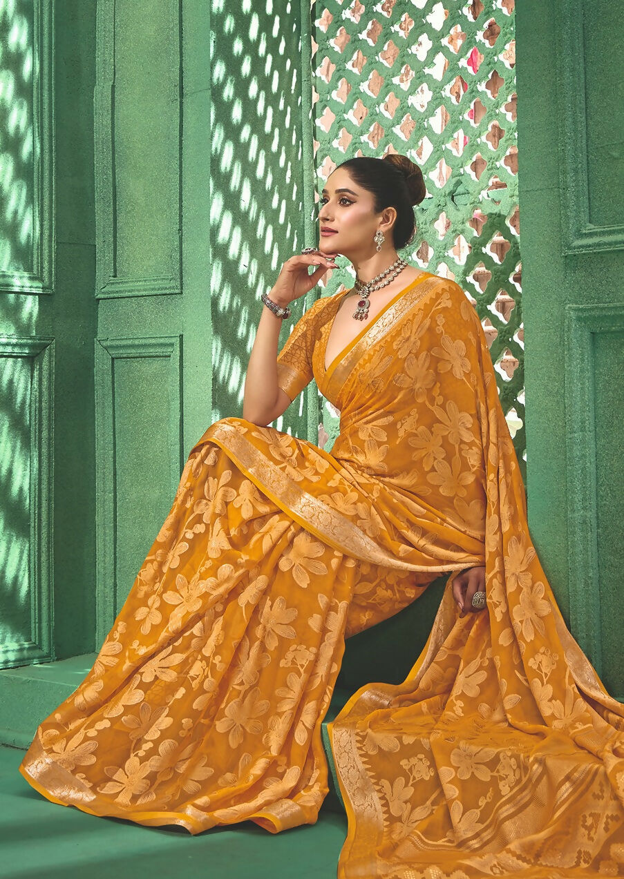 Joban Fashion Yellow Dull Moss Brasso With Kasab Zari Border Saree & Tassels With Brasso Blouse
