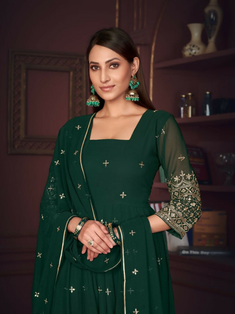 Jyoti Fashion Women's Golden & Bottle Green Georgette Embroidered Anarkali Kurta Pant Set With Dupatta
