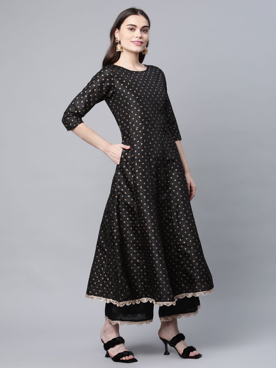 Ahalyaa Women Black Poly Silk Gold Printed Anarkali Kurta Palazzo Set With Dupatta - Distacart