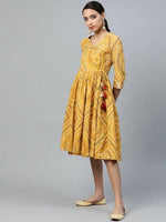 Thumbnail for Anubhutee Mustard Yellow & White Bandhani Cotton Angrakha A-Line Dress - Distacart