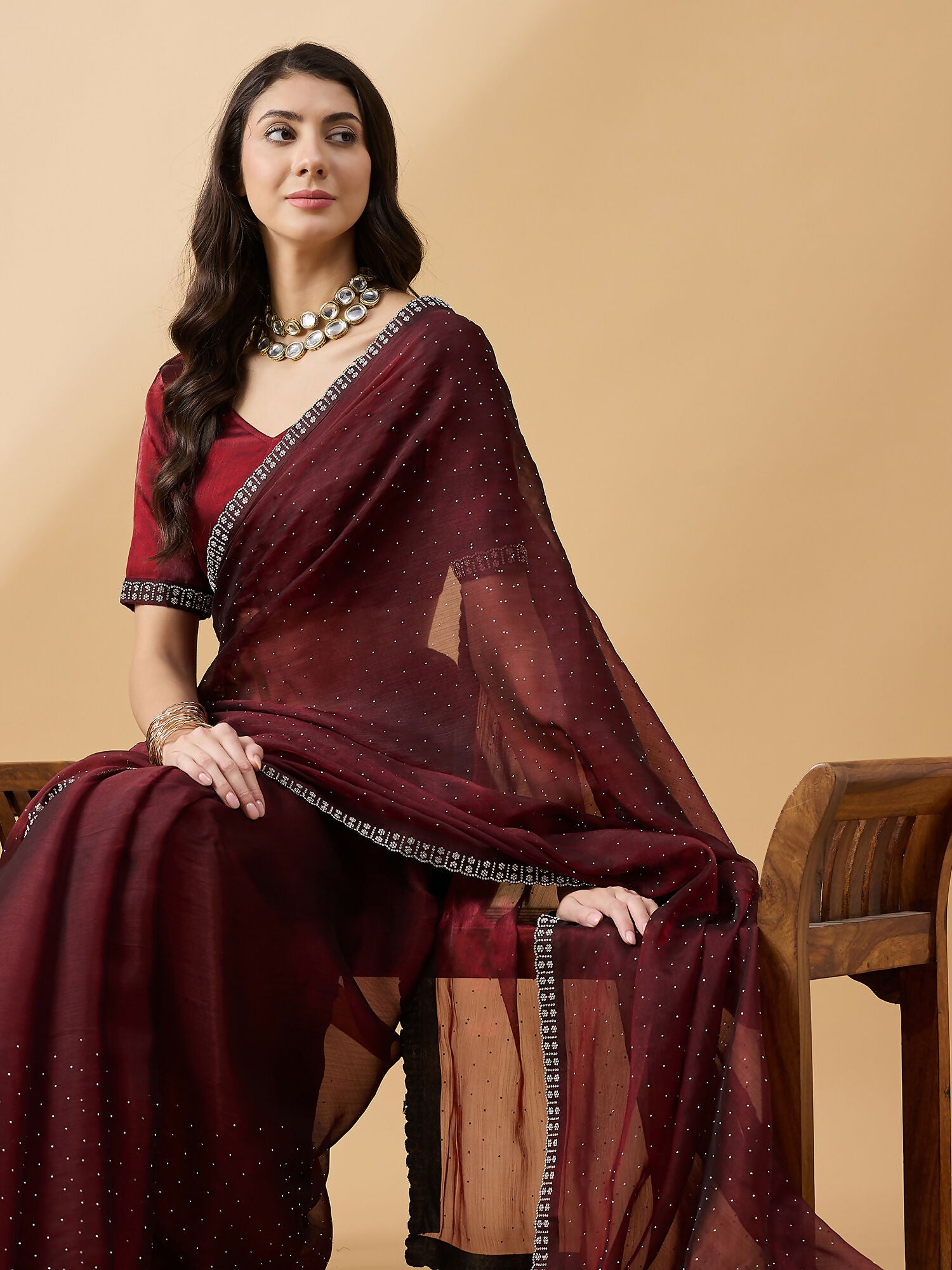 Brown Organza Swaroski Diamond Work Saree with Unstitched Blouse - Radha - Distacart