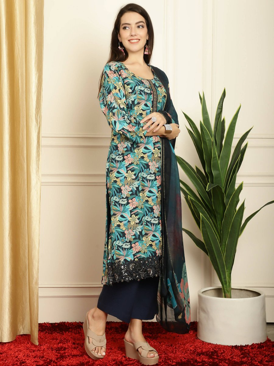 Aastha Fashion Women's Navy Blue Muslin Digital Printed with Embroidered Lace work Kurta with Trouser & Dupatta - Distacart