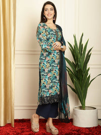 Thumbnail for Aastha Fashion Women's Navy Blue Muslin Digital Printed with Embroidered Lace work Kurta with Trouser & Dupatta - Distacart