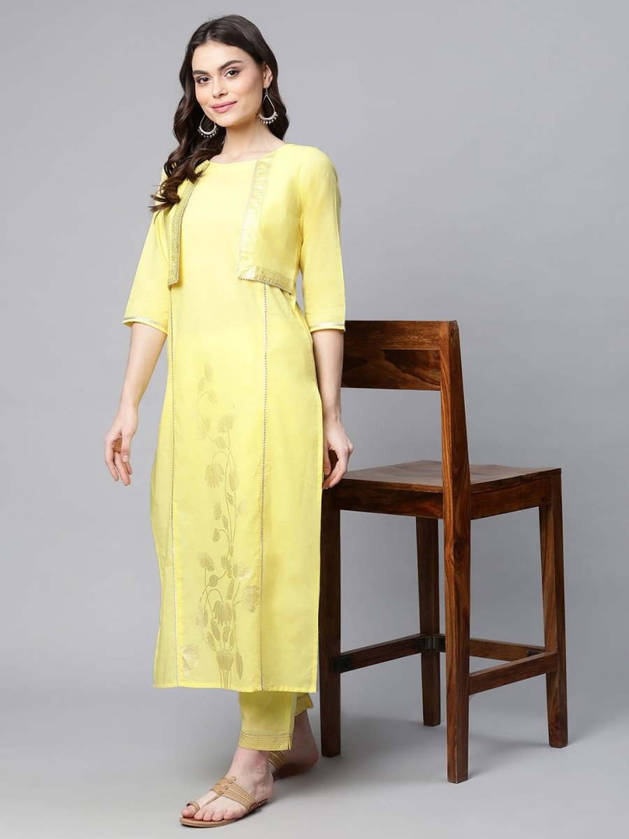 Ahalyaa Women Yellow Pure Cotton Printed Floral Kurta With Trousers - Distacart