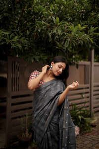Thumbnail for Grey Pure Linen Ethnic Motifs Saree with Unstitched Blouse - A2M