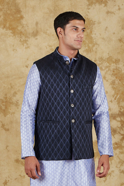 Bluesaanchi Men's Jacquard Prussian Blue Waistcoat