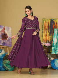 Thumbnail for Jyoti Fashion Women's Purple Georgette Embroidered Anarkali Kurta Pant Set With Dupatta