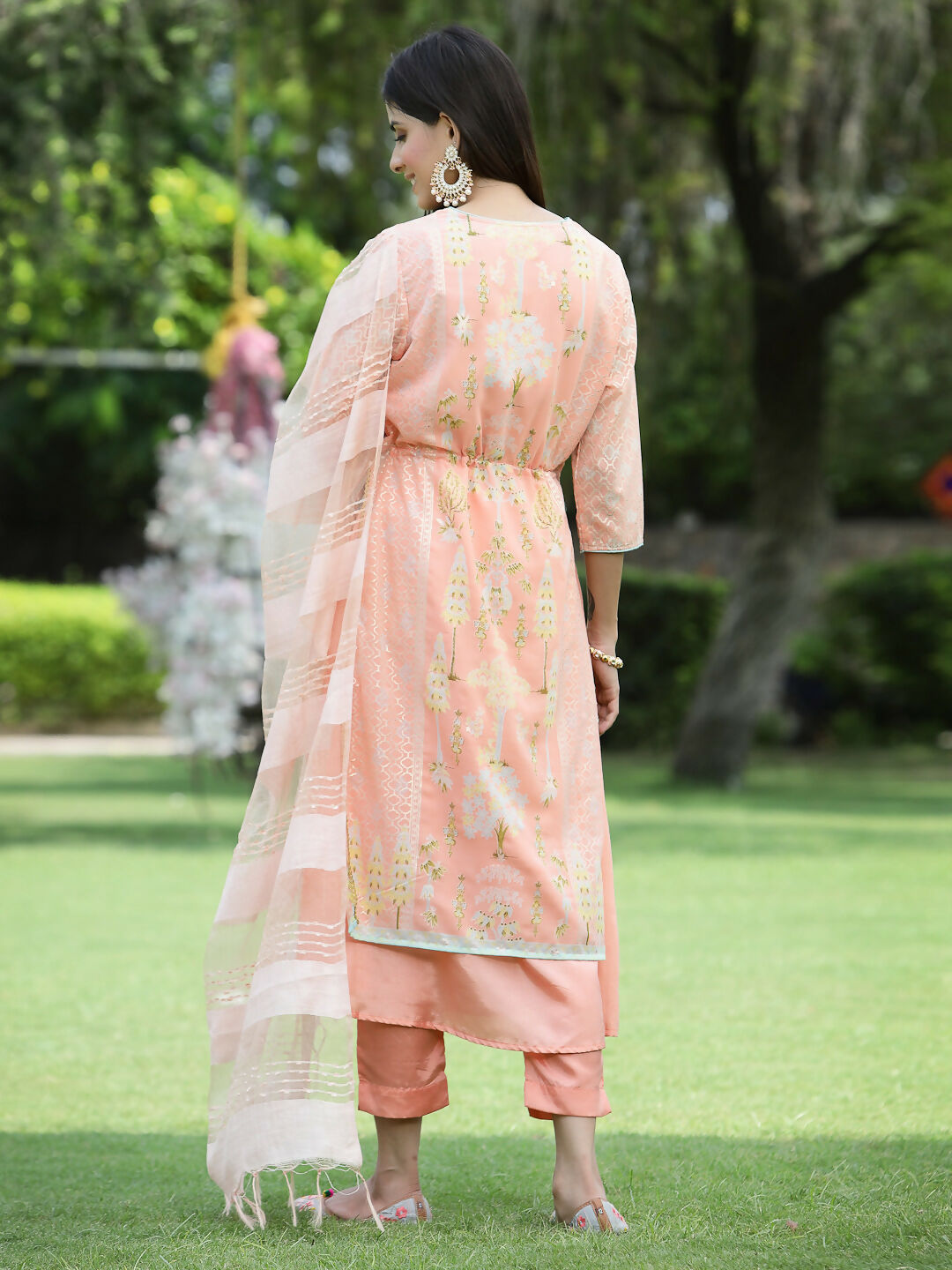 Juniper Orange Ethnic Motif Printed Georgette Kurta Pants & Dupatta Set With Tassels & Lace - Distacart