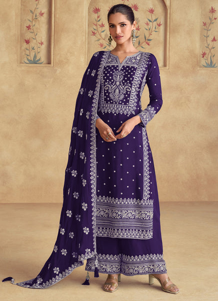 Vegaa Fashion Violet Georgette Embroidered Palazzo Suit
