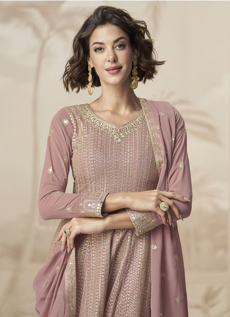 Vegaa Fashion Peach Georgette Embroidered Designer Palazzo Suit