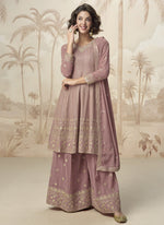 Thumbnail for Vegaa Fashion Peach Georgette Embroidered Designer Palazzo Suit