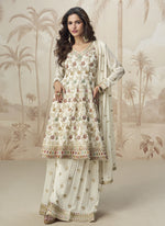 Thumbnail for Vegaa Fashion Off White Georgette Embroidered Designer Palazzo Suit