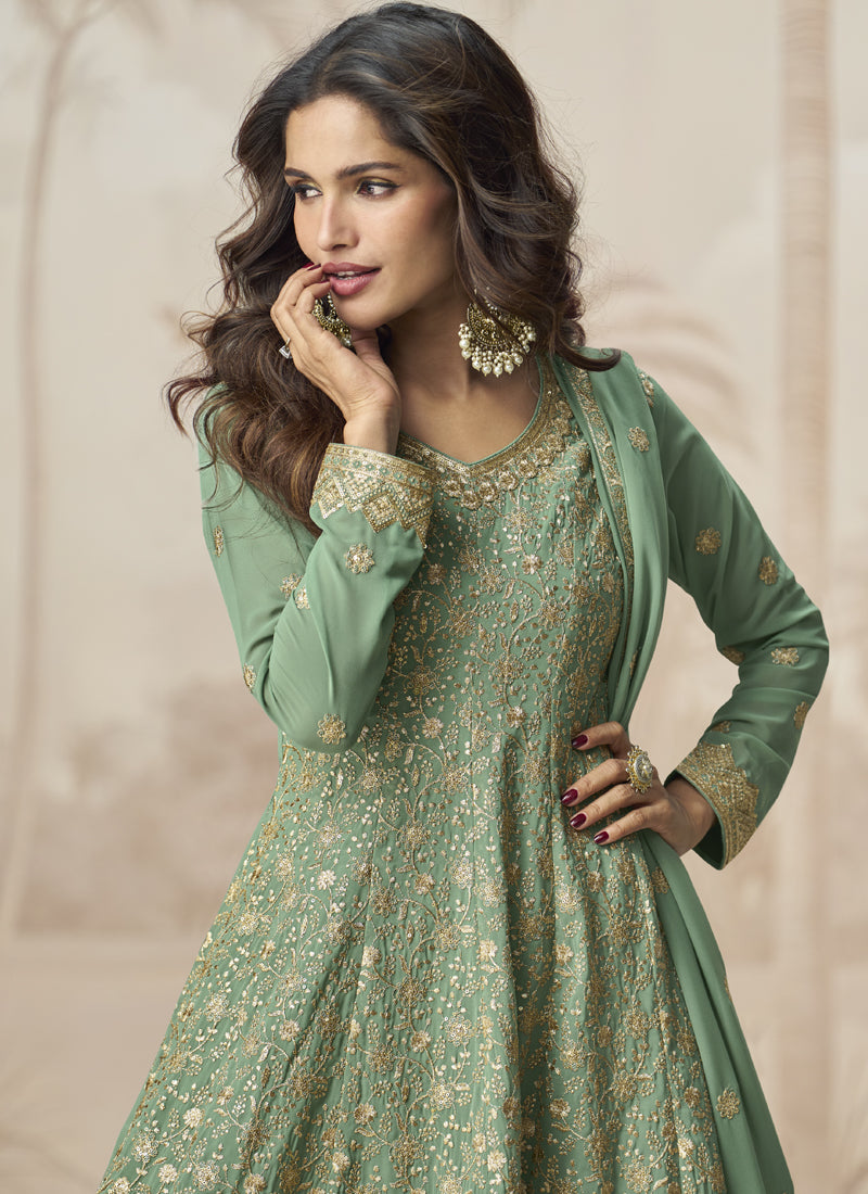 Vegaa Fashion Pista Green Georgette Embroidered Designer Palazzo Suit