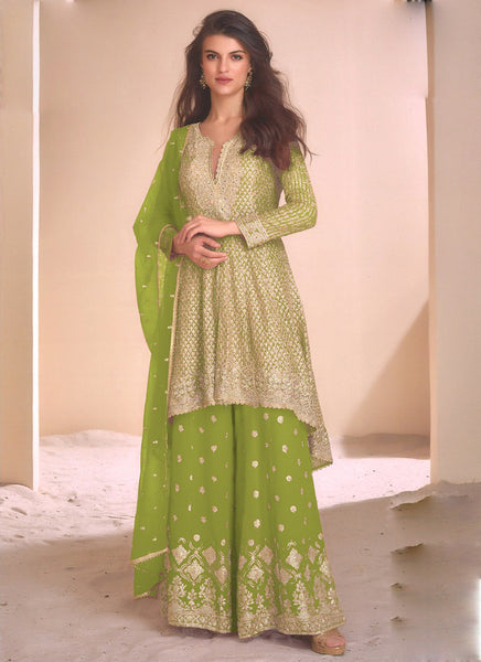 Vegaa Fashion Light Green Georgette Embroidered Palazzo Suit