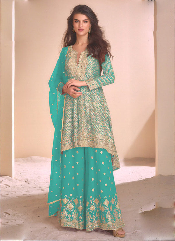 Vegaa Fashion Sky Blue Georgette Embroidered Palazzo Suit