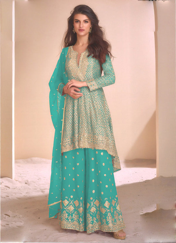 Vegaa Fashion Sky Blue Georgette Embroidered Palazzo Suit