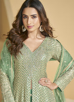 Thumbnail for Vegaa Fashion Light Green Georgette Embroidered Designer Palazzo Suit
