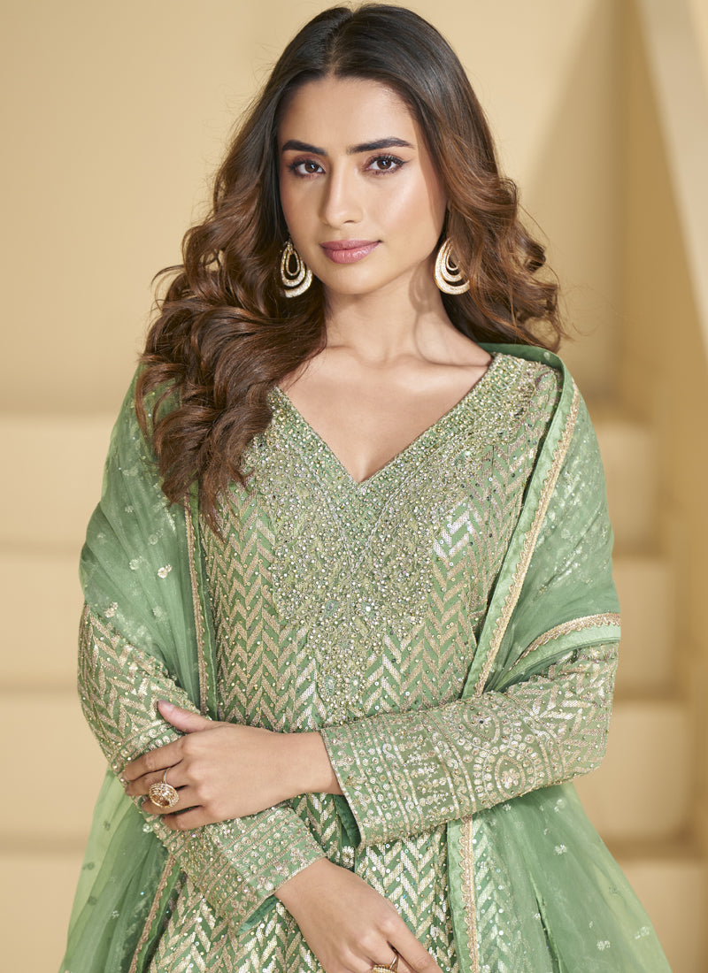 Vegaa Fashion Light Green Georgette Embroidered Designer Palazzo Suit