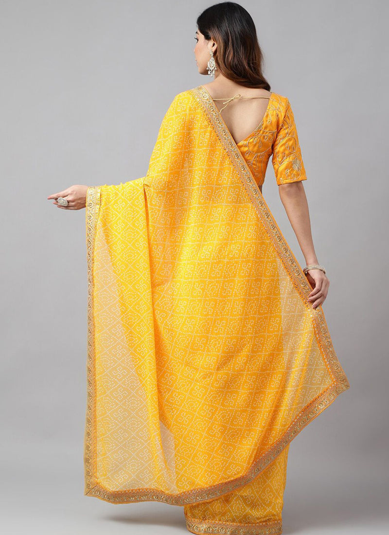 Vegaa Fashion Yellow Soft Georgette Bandhani Saree