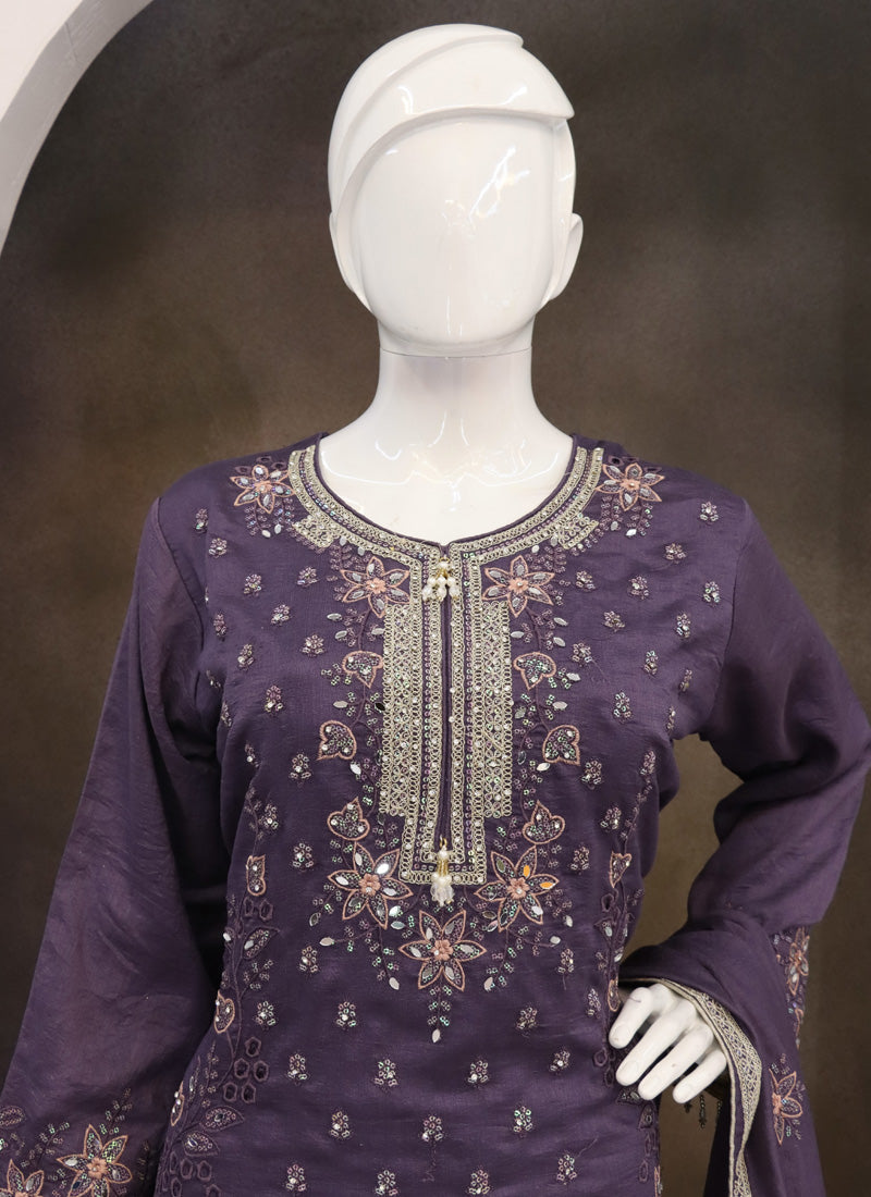 Vegaa Fashion Violet Vichitra Silk Embroidered Palazzo Suit