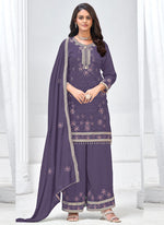 Thumbnail for Vegaa Fashion Violet Vichitra Silk Embroidered Palazzo Suit