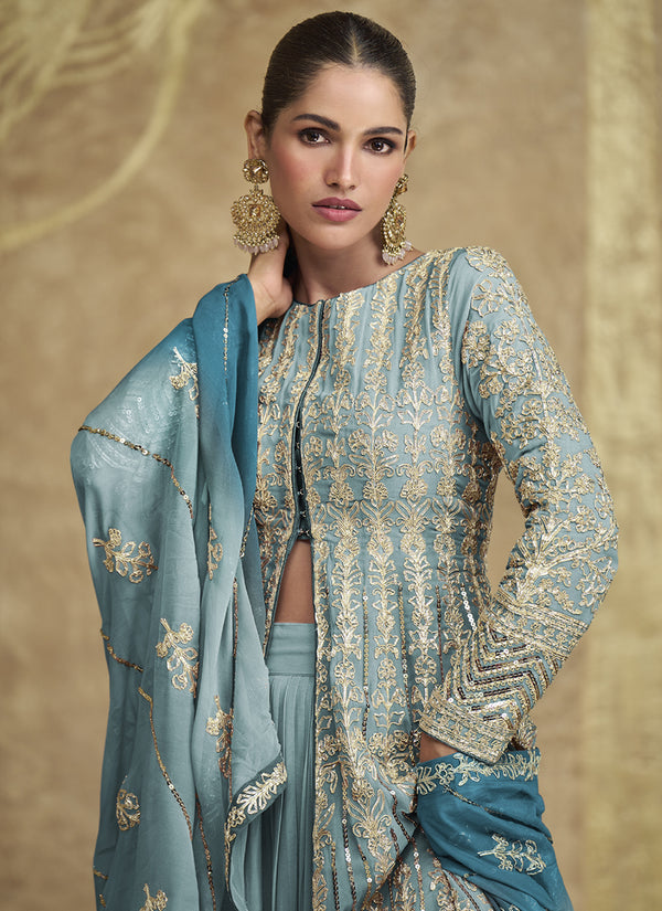 Vegaa Fashion Sky Blue Real Georgette Embroidered Lehenga Style Suit