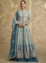 Thumbnail for Vegaa Fashion Sky Blue Real Georgette Embroidered Lehenga Style Suit