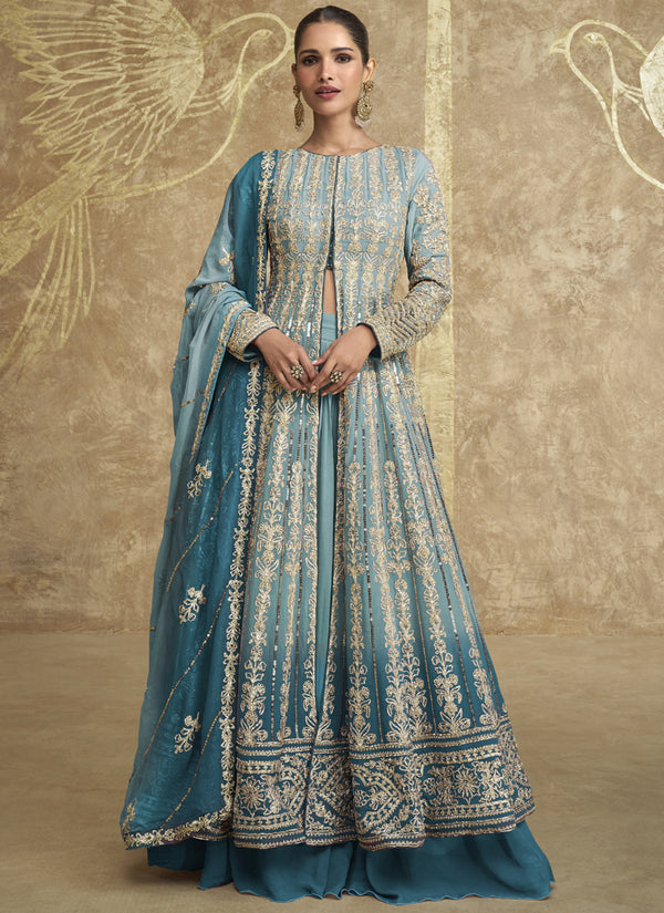 Vegaa Fashion Sky Blue Real Georgette Embroidered Lehenga Style Suit
