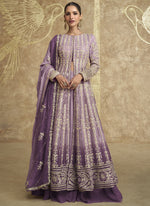 Thumbnail for Vegaa Fashion Lavender Real Georgette Embroidered Lehenga Style Suit