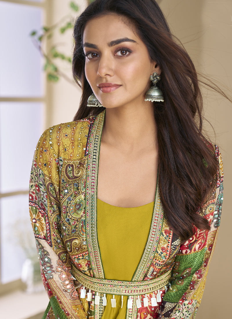 Vegaa Fashion Mustard Georgette Embroidered Gown With Silk Sturg