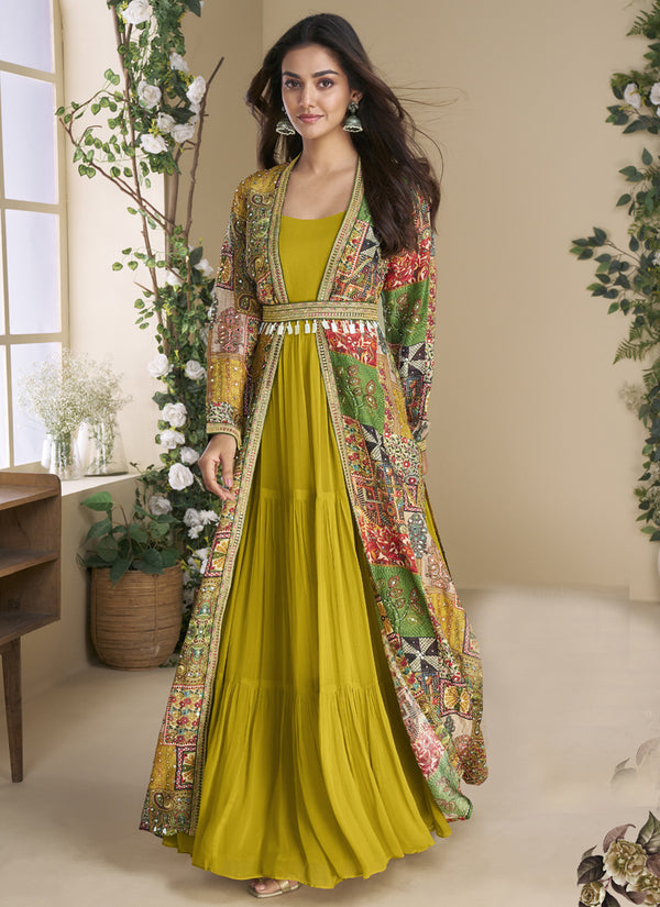 Vegaa Fashion Mustard Georgette Embroidered Gown With Silk Sturg