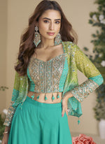 Thumbnail for Vegaa Fashion Turquoise Chinon Silk Embroidered Western Palazzo Suit