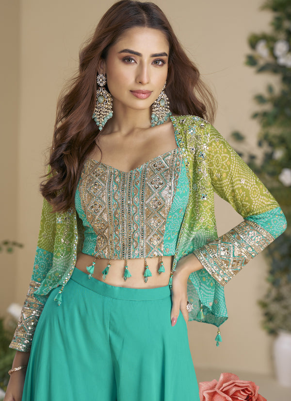 Vegaa Fashion Turquoise Chinon Silk Embroidered Western Palazzo Suit