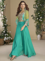 Thumbnail for Vegaa Fashion Turquoise Chinon Silk Embroidered Western Palazzo Suit