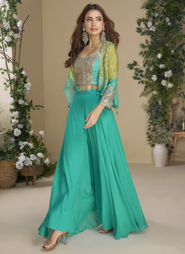 Vegaa Fashion Turquoise Chinon Silk Embroidered Western Palazzo Suit