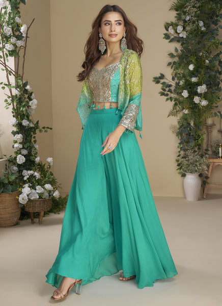 Vegaa Fashion Turquoise Chinon Silk Embroidered Western Palazzo Suit