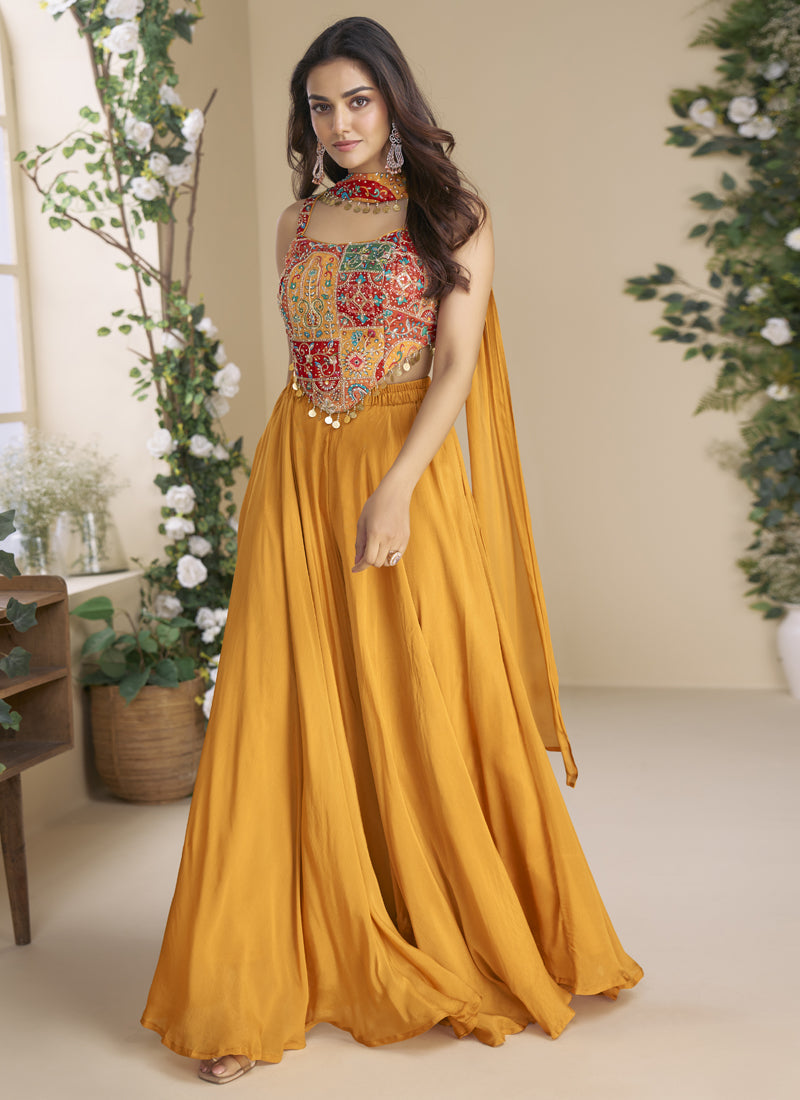 Vegaa Fashion Mustard Chinon Silk Embroidered Western Palazzo Suit