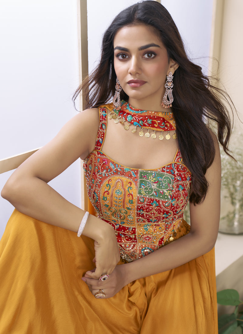 Vegaa Fashion Mustard Chinon Silk Embroidered Western Palazzo Suit