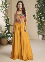 Thumbnail for Vegaa Fashion Mustard Chinon Silk Embroidered Western Palazzo Suit